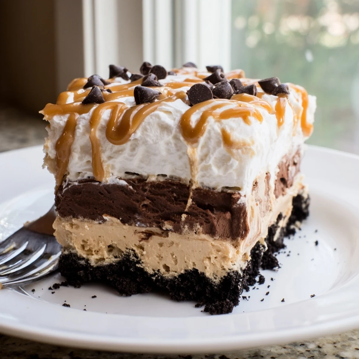 Creamy peanut butter layered delight with rich chocolate pudding and whipped topping on a cookie crust