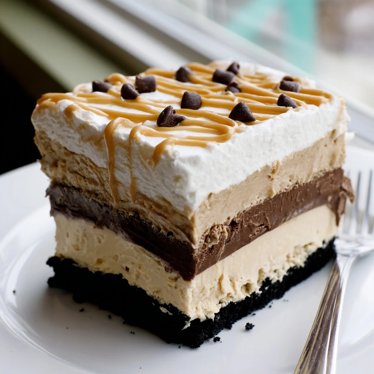 Peanut butter layered delight sliced into squares showing creamy layers with a chocolate drizzle finish