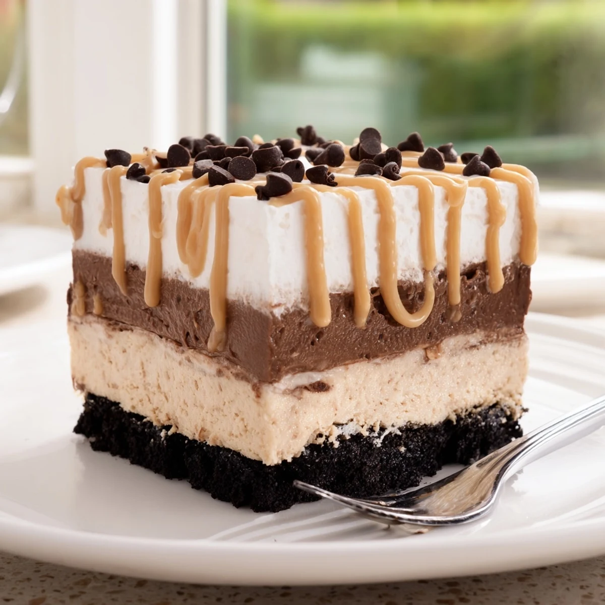 Golden cookie crust topped with silky peanut butter mousse in this peanut butter layered delight