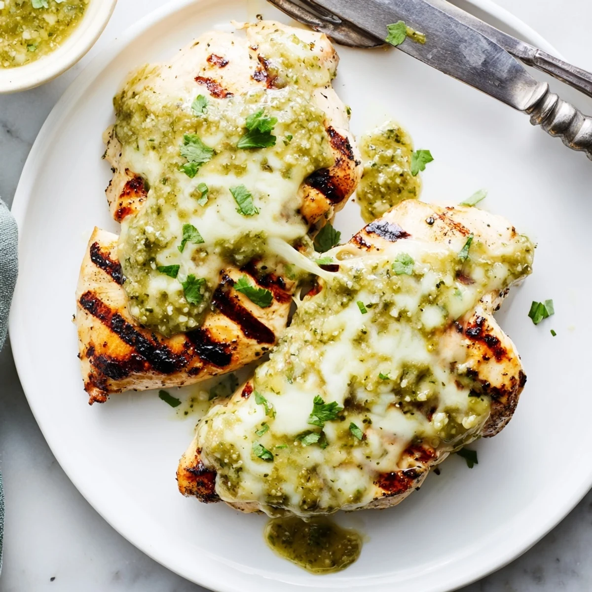 Golden grilled chicken topped with bubbling Pepper Jack cheese and vibrant salsa verde.