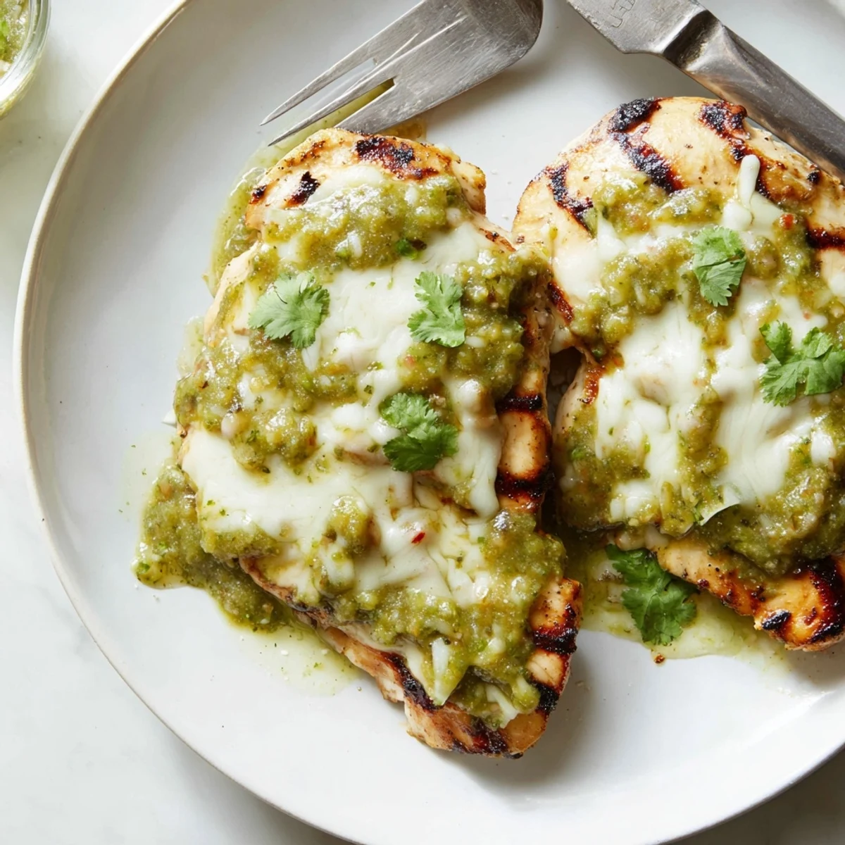 Juicy Pepper Jack chicken with melted cheese and bright cilantro on a rustic platter.