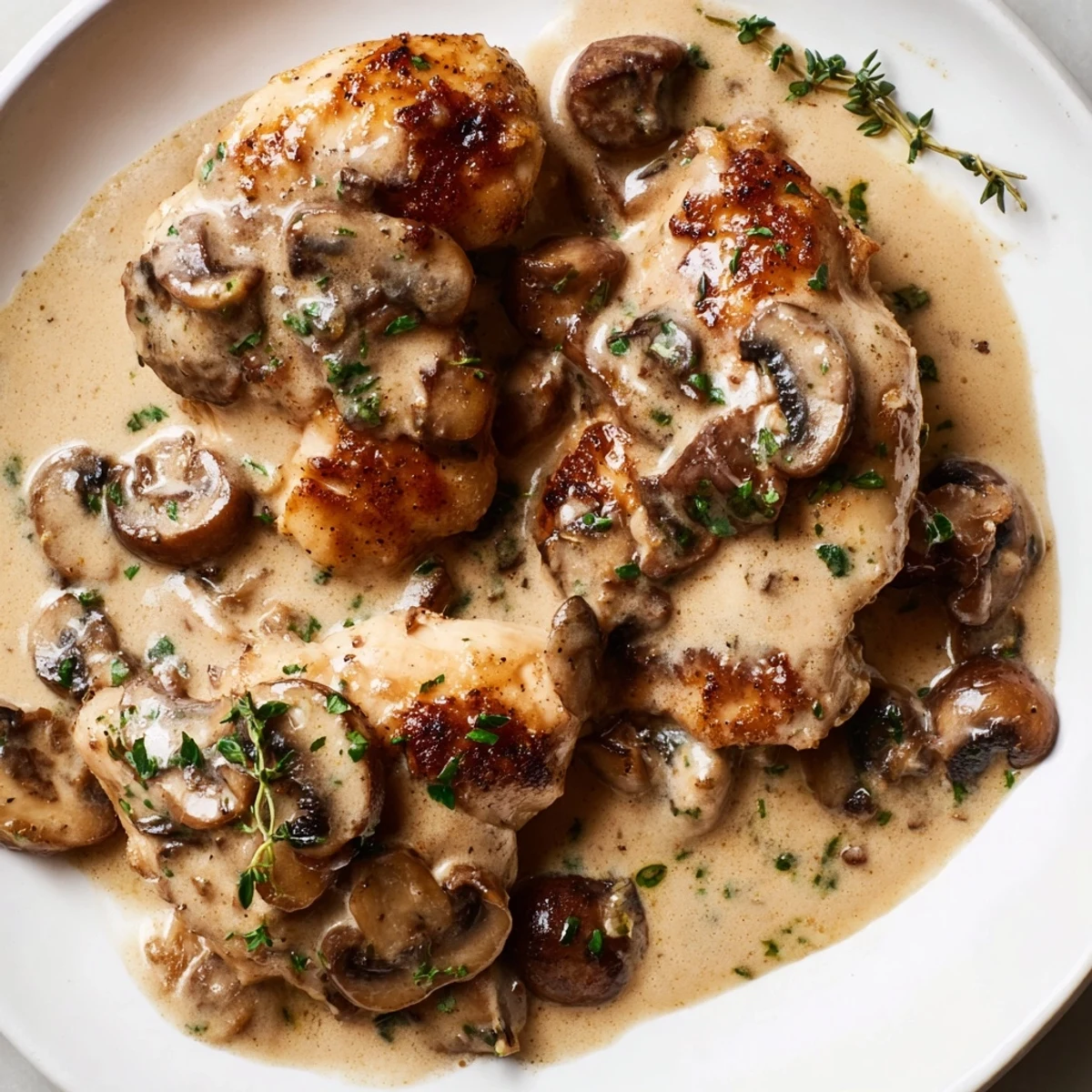 Creamy mushroom chicken draped in velvety sauce over golden herb-roasted crispy potatoes