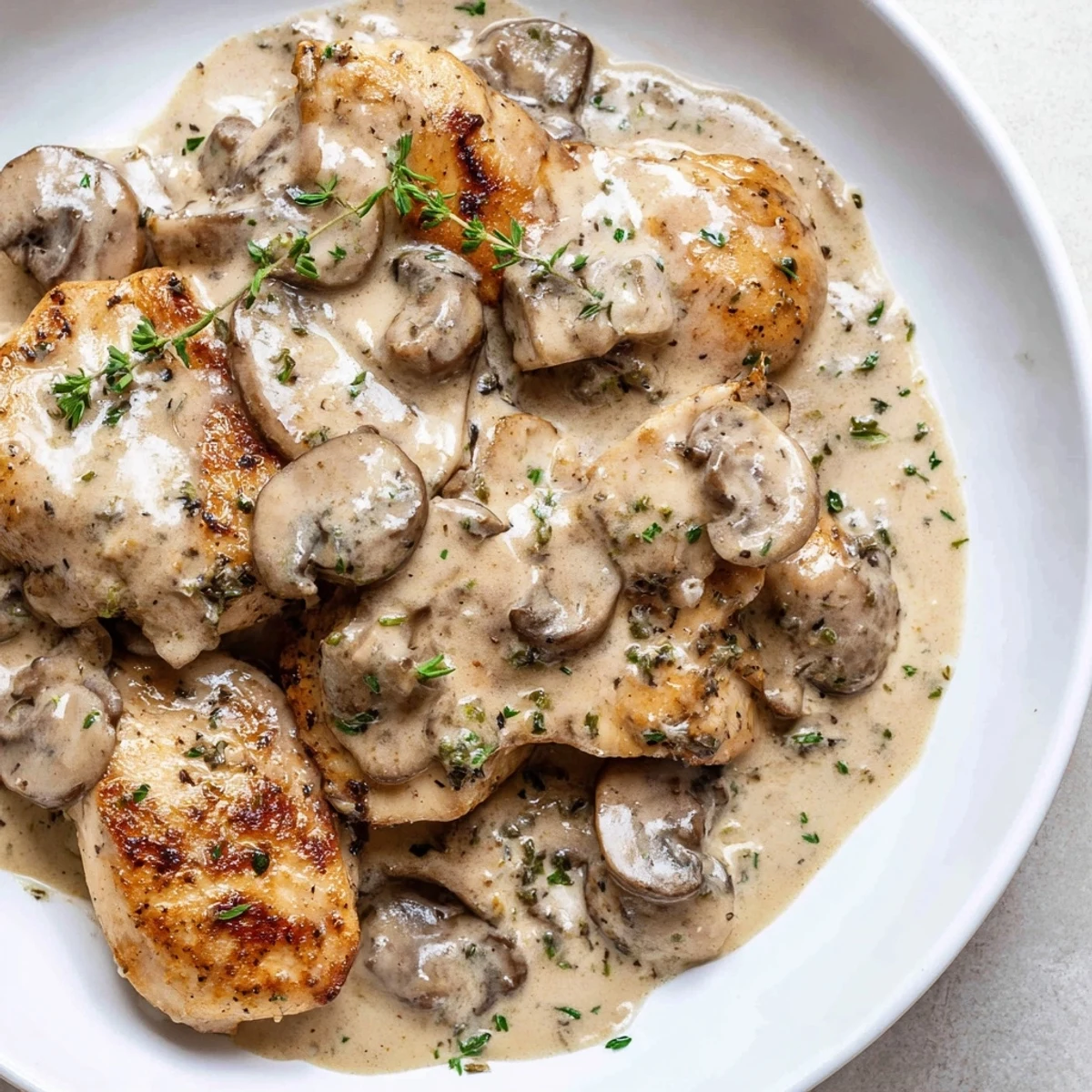Seared chicken breasts smothered in a rich creamy mushroom sauce with crispy herb potatoes