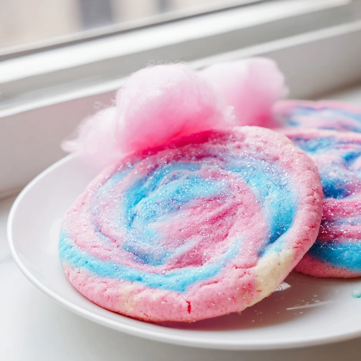 Soft cotton candy cookies with swirled pink and blue pastel hues on a rustic baking sheet