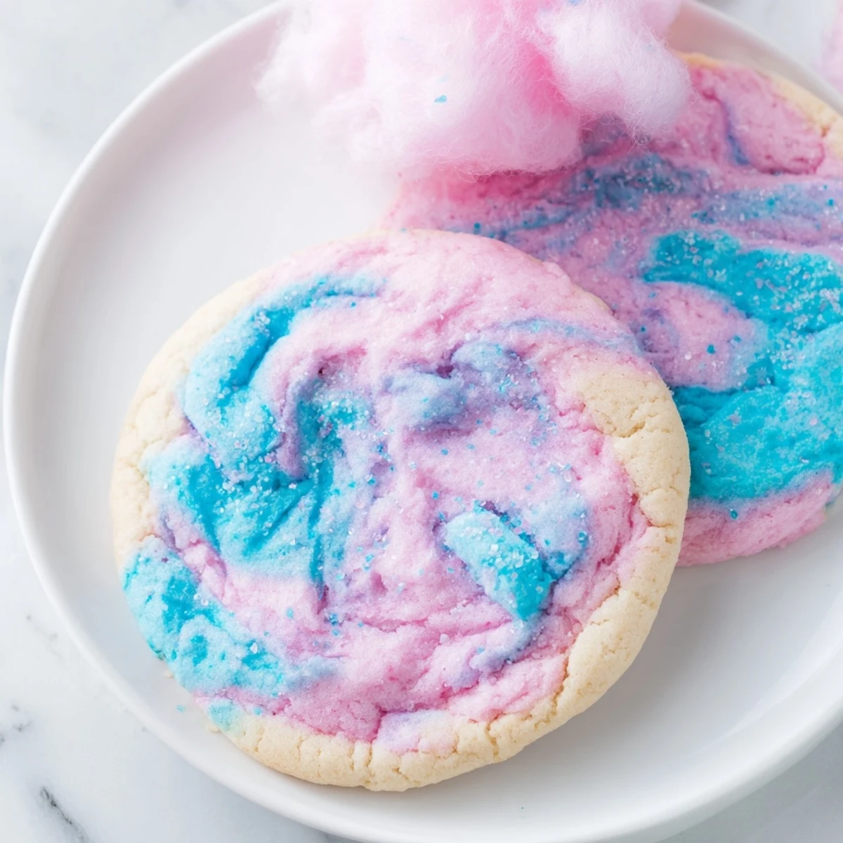 Cotton candy cookies topped with fluffy spun sugar garnish arranged on a festive party platter
