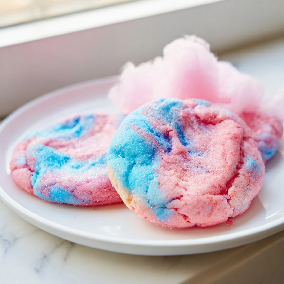 Chewy cotton candy cookies showcasing a marbled pink and blue crumb served in a decorative jar