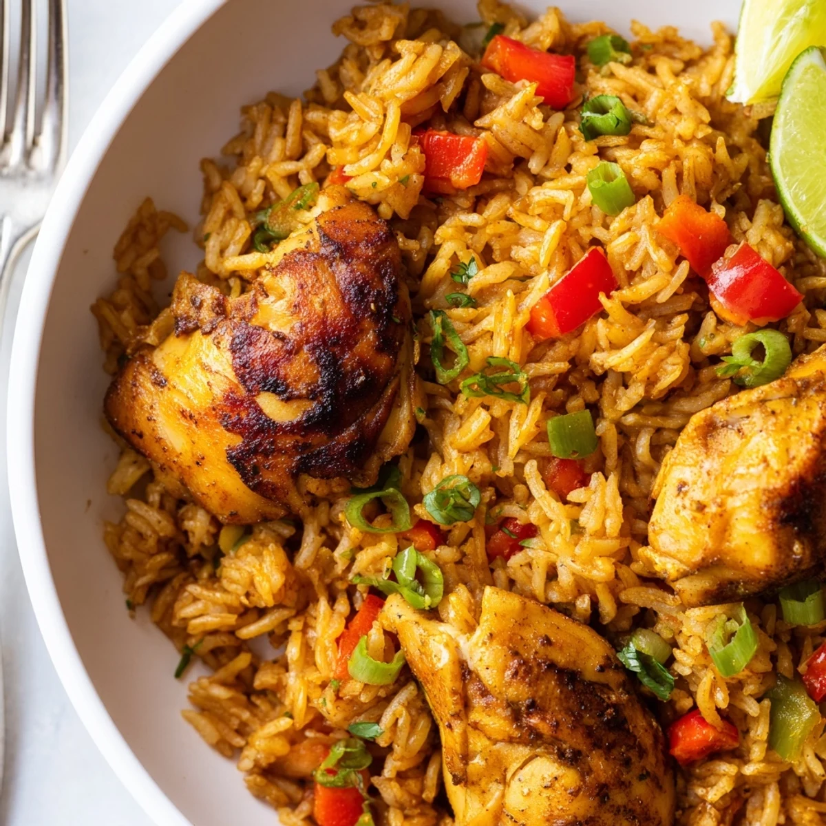 Spicy jerk chicken rice served steaming in a cast iron skillet with fresh herbs