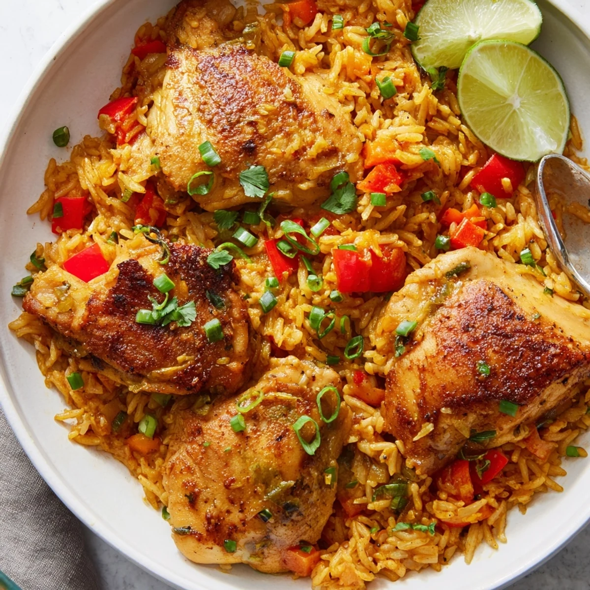 Golden seared spicy jerk chicken rice topped with spring onions and lime wedges