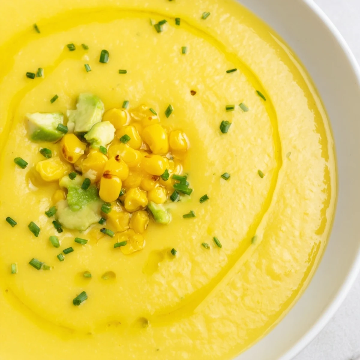 Creamy summer sweet corn gazpacho topped with diced avocado and a drizzle of olive oil