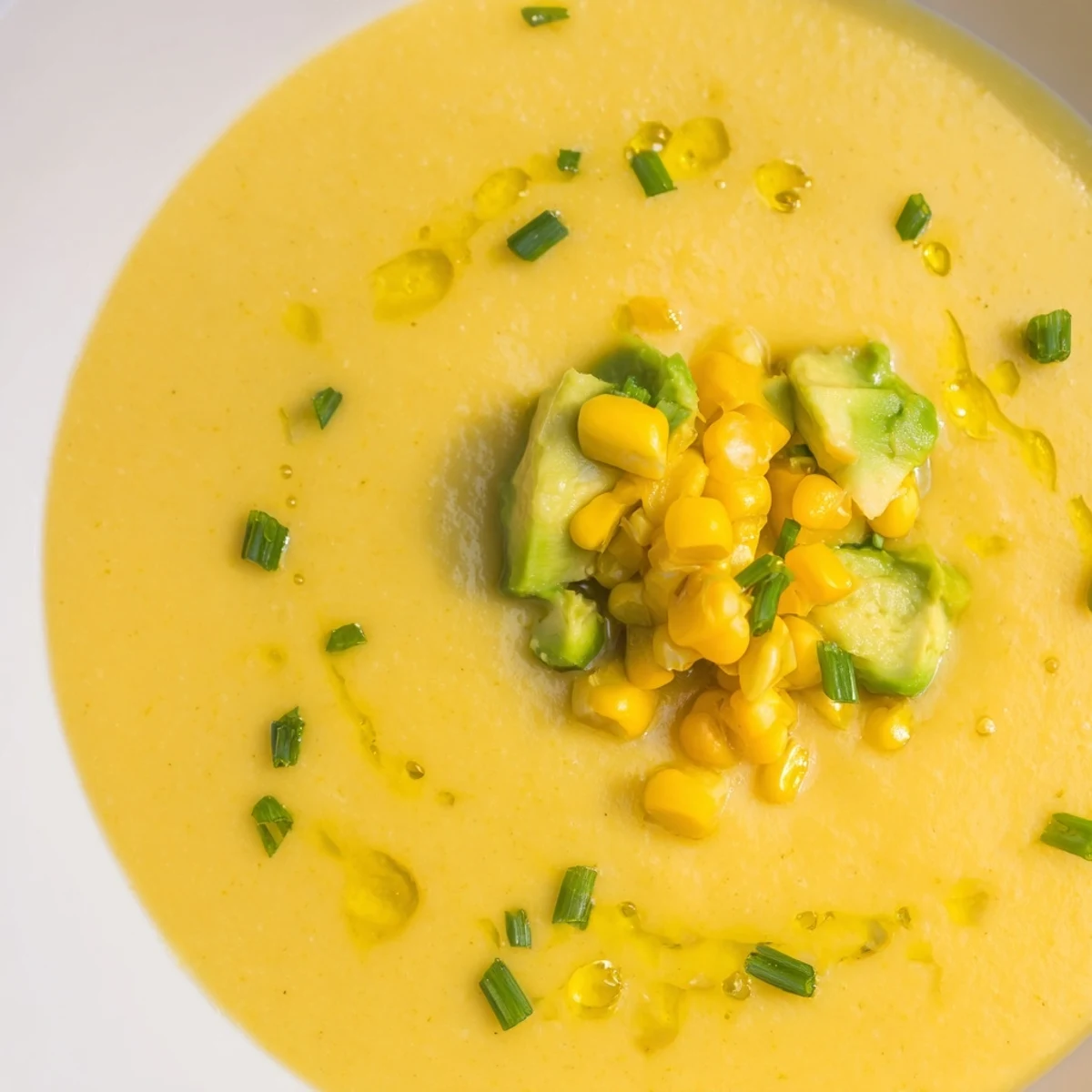 Golden summer sweet corn gazpacho served chilled in a rustic bowl with fresh herb garnish