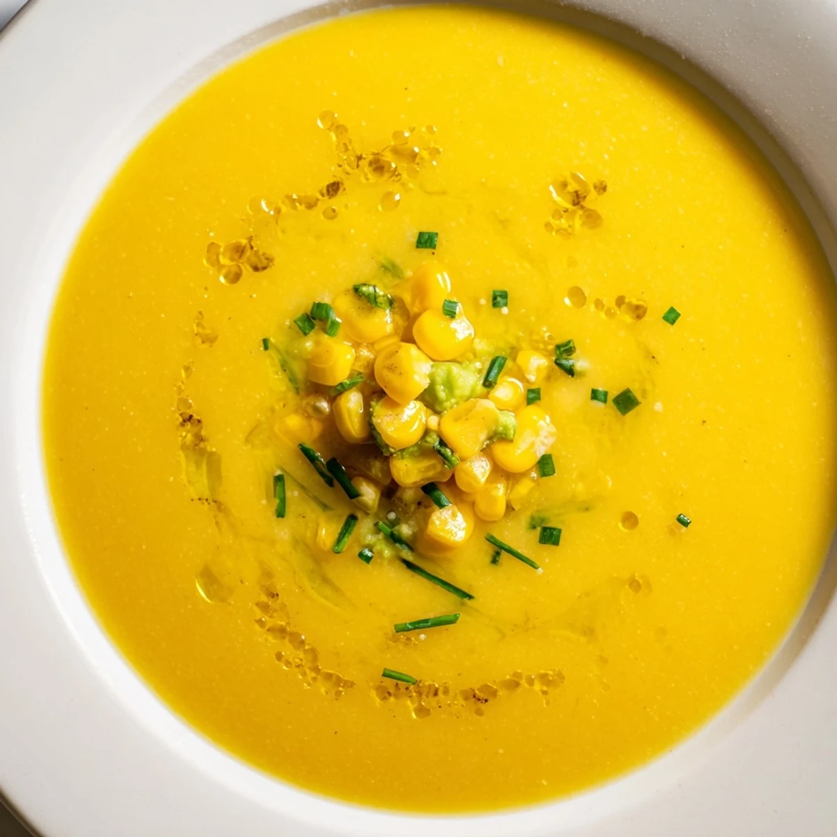 Vibrant summer sweet corn gazpacho poured into two glasses with crisp vegetable garnishes nearby