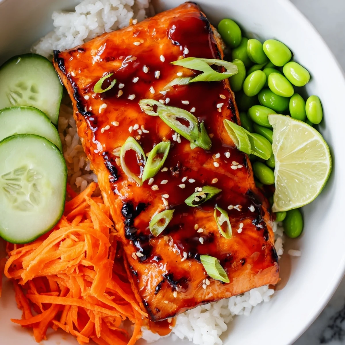 Caramelized sriracha honey glazed salmon fillets nestled over steamed rice with crisp vegetables