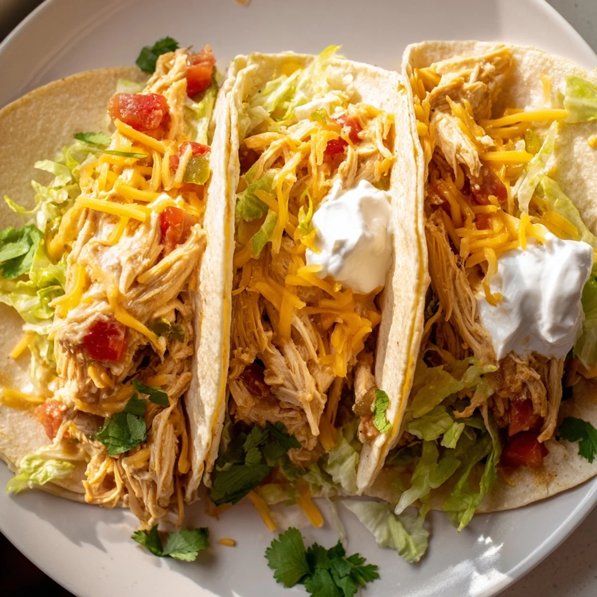 Juicy slow cooker ranch chicken tacos topped with melted cheddar and fresh cilantro on soft flour tortillas