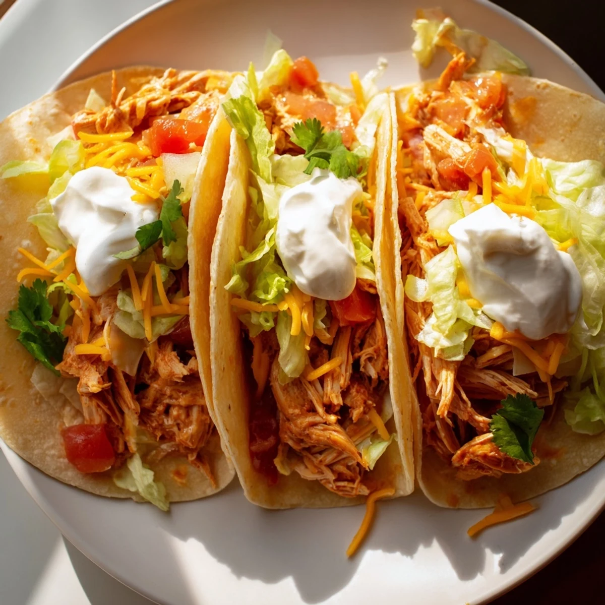 Shredded slow cooker ranch chicken tacos loaded with sour cream, crisp lettuce, and diced tomatoes in crispy shells