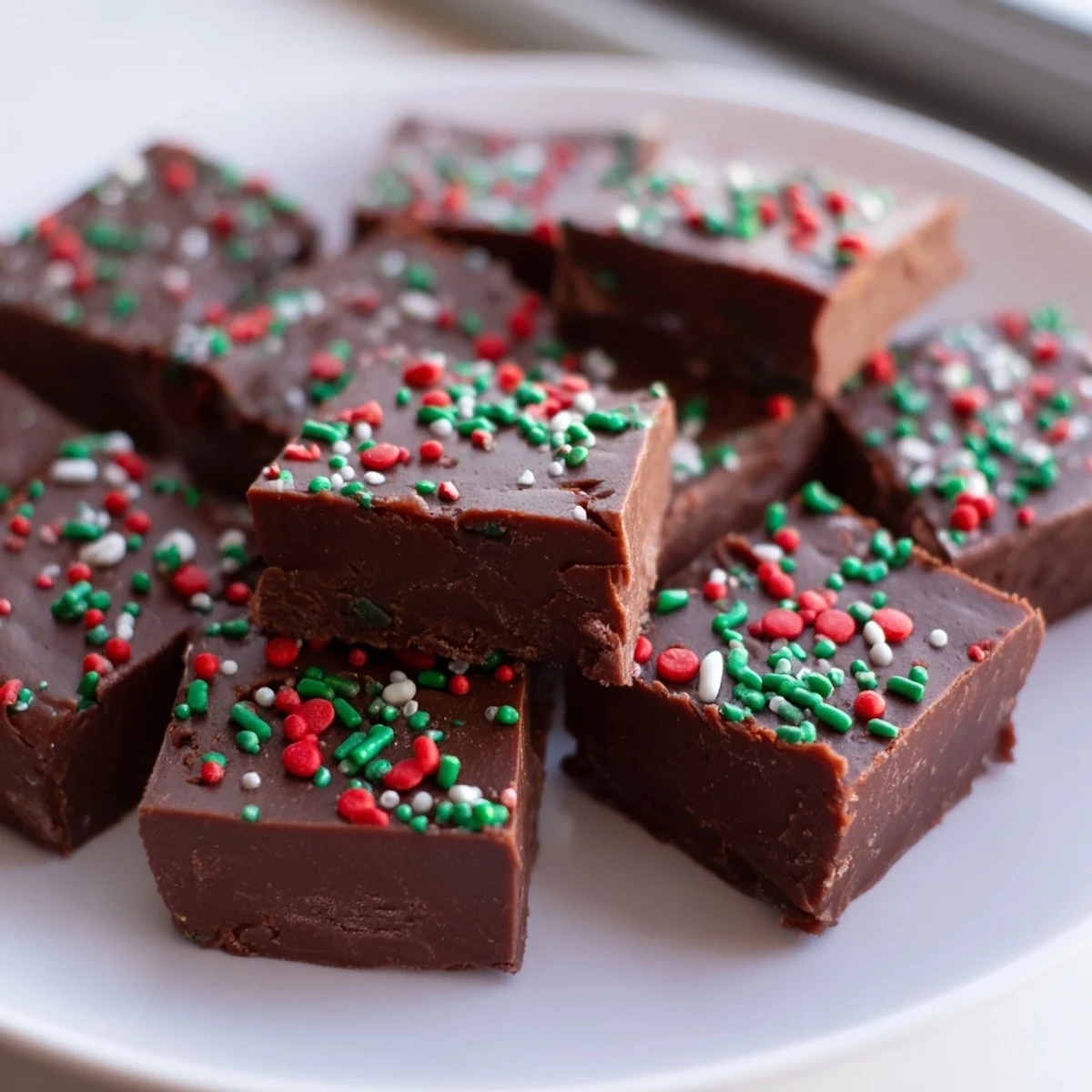 Creamy Christmas fudge with sprinkles cut into neat squares on a rustic wooden board