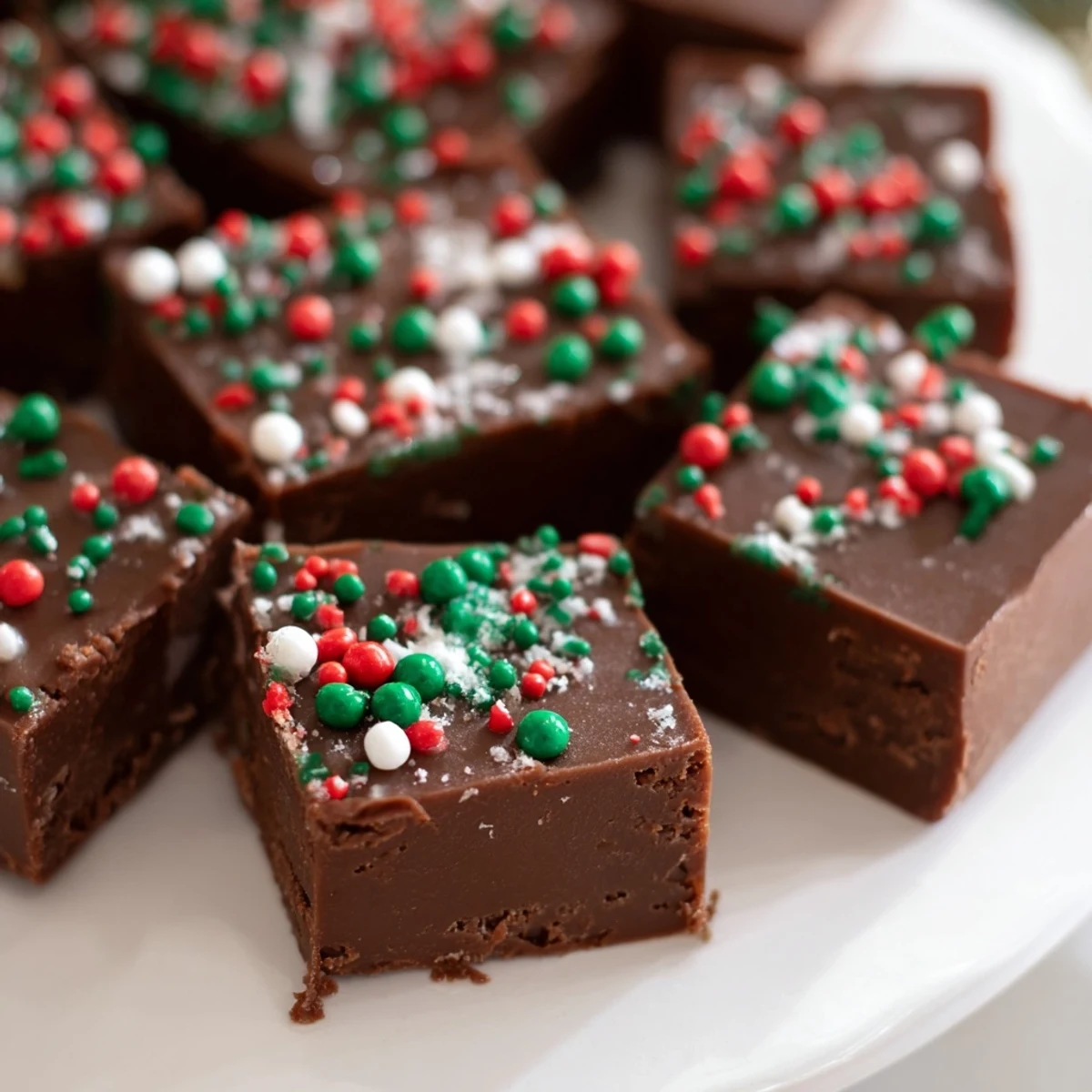 Smooth Christmas fudge with sprinkles served on a festive plate with cocoa dust