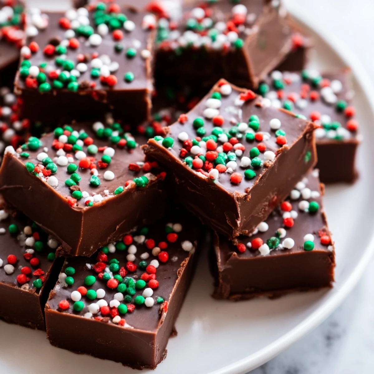 Rich chocolate Christmas fudge with sprinkles glistening under soft holiday kitchen lighting