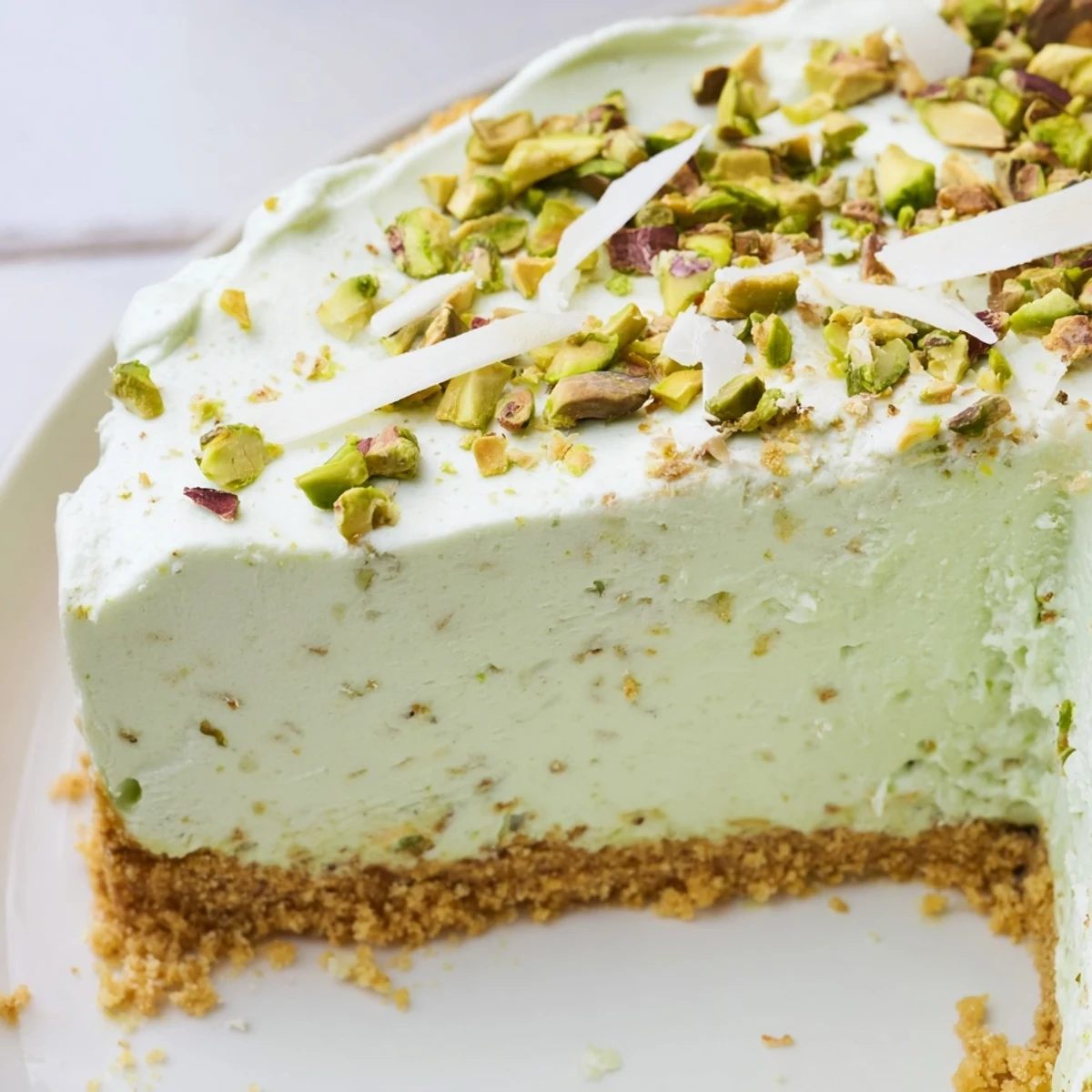 Creamy no bake pistachio cheesecake slice topped with chopped nuts on a rustic plate