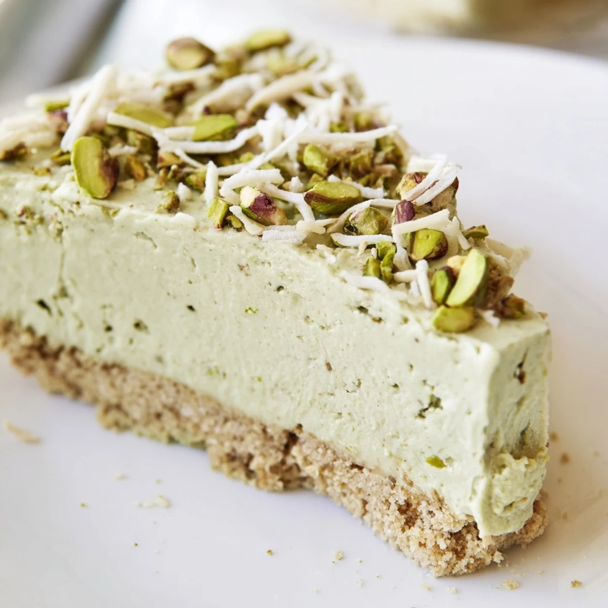 A silky green no bake pistachio cheesecake with a buttery graham cracker crust
