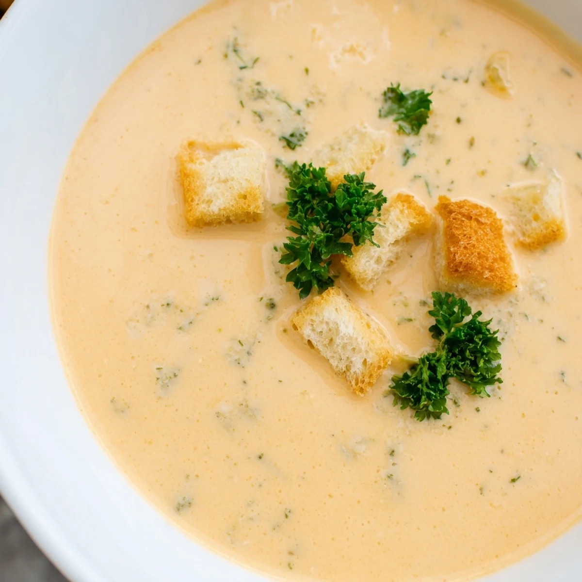 Creamy vegetable soup swirled with rich herb-infused broth in a rustic ceramic bowl