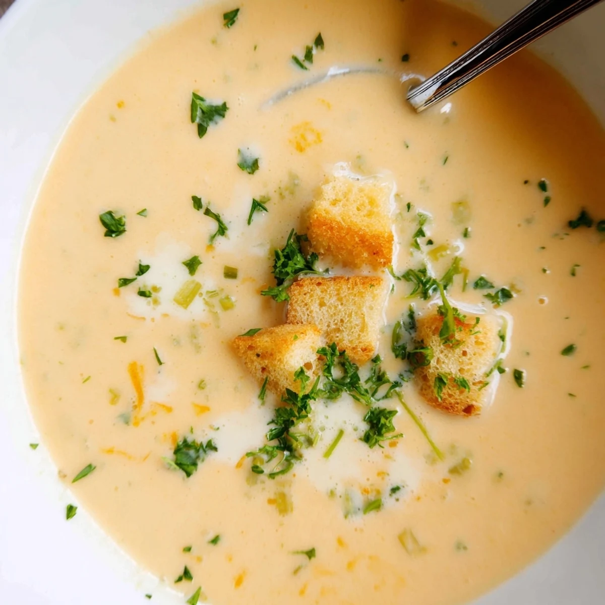A steaming bowl of creamy vegetable soup topped with golden croutons and fresh parsley