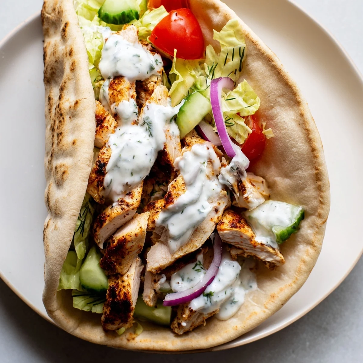 Warm flavor packed chicken pitas with crisp veggies and creamy yogurt sauce