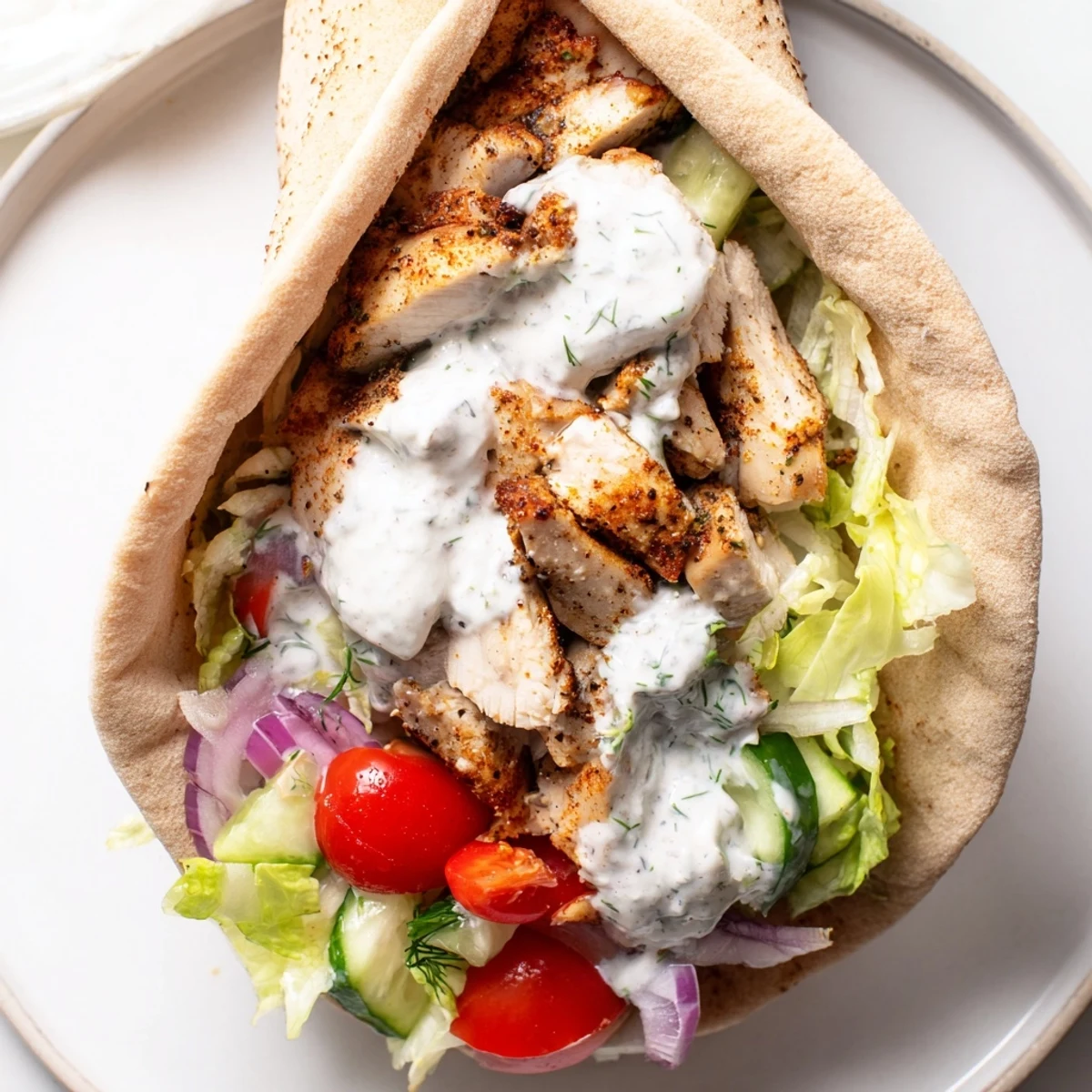 Flavor packed chicken pitas drizzled with tangy dill sauce on a rustic plate