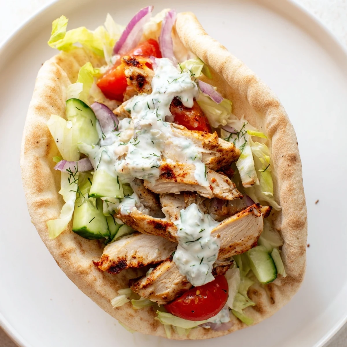 Juicy spiced chicken tucked into golden pita bread with fresh Mediterranean toppings