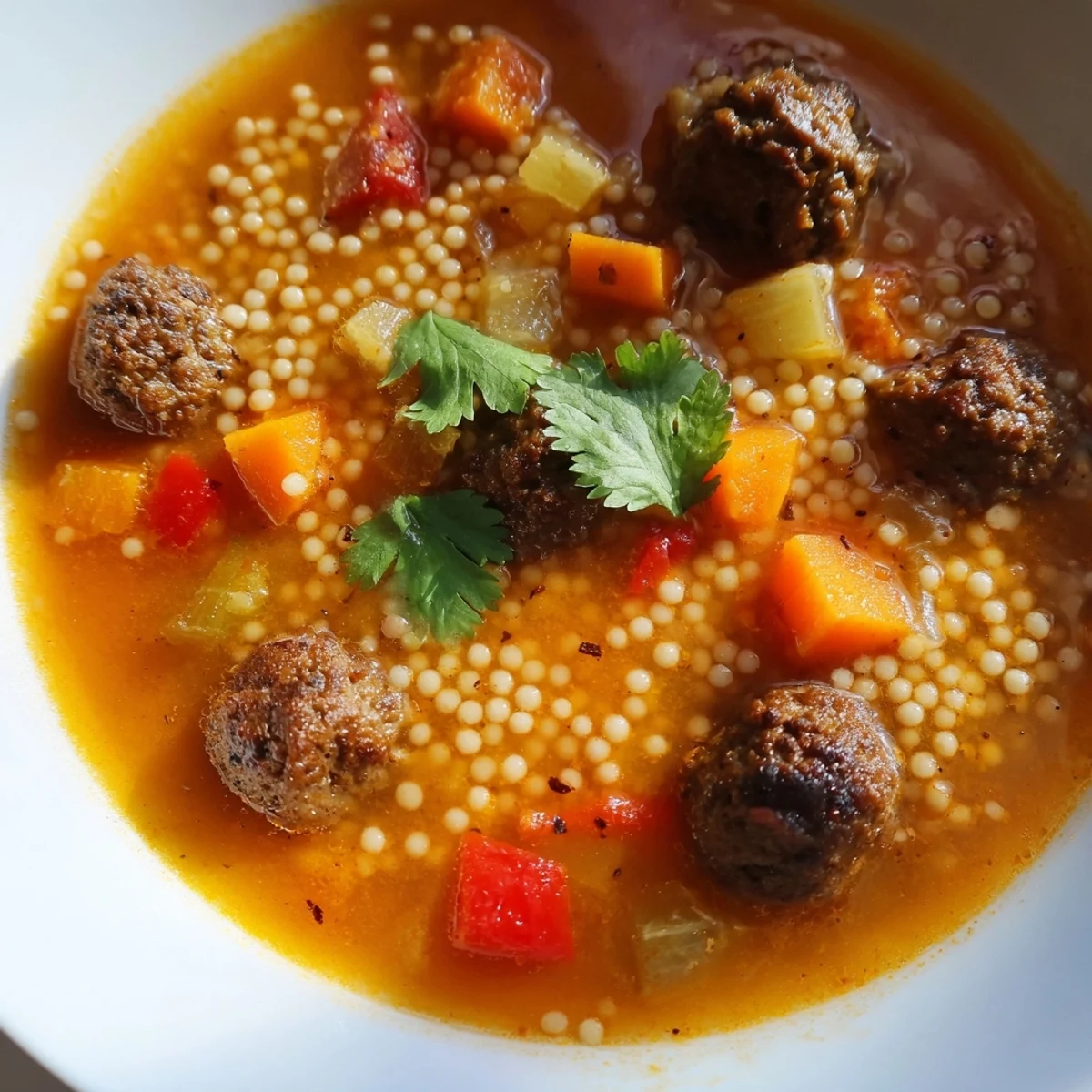 Steaming bowl of Mini Moroccan Meatball Couscous Soup topped with fresh cilantro and lemon