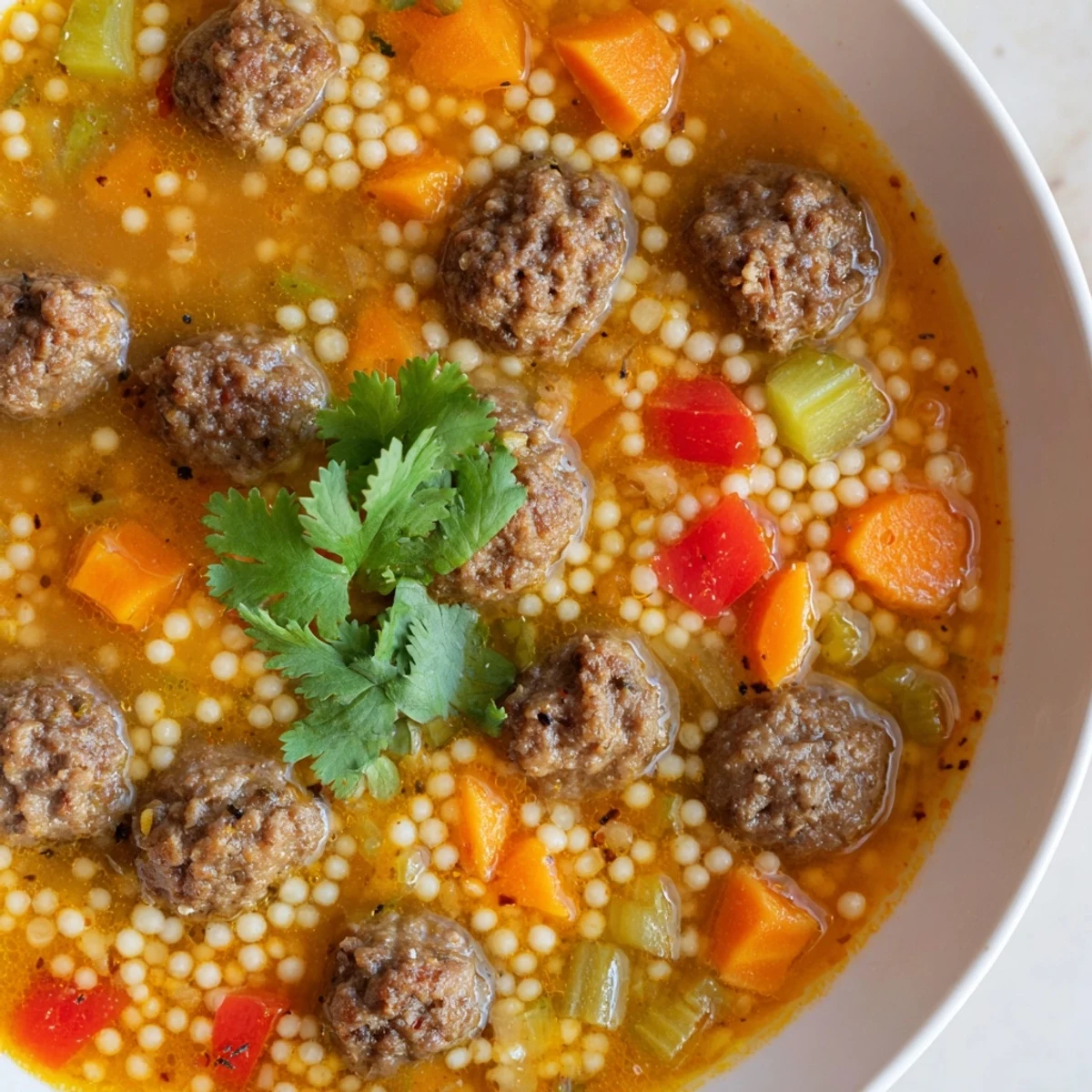 Golden spiced mini meatballs floating in a rich Mini Moroccan Meatball Couscous Soup broth
