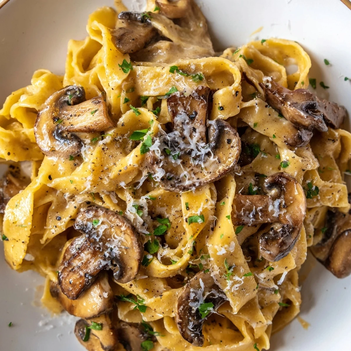 Creamy Brown Butter Mushroom Pasta topped with fresh parsley and grated parmesan cheese
