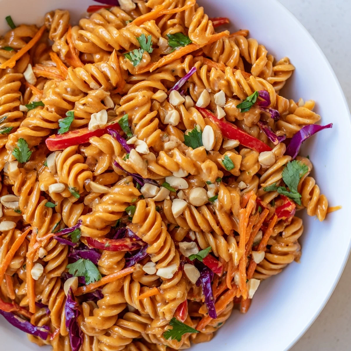 Creamy spicy Thai pasta salad topped with crushed peanuts and fresh cilantro