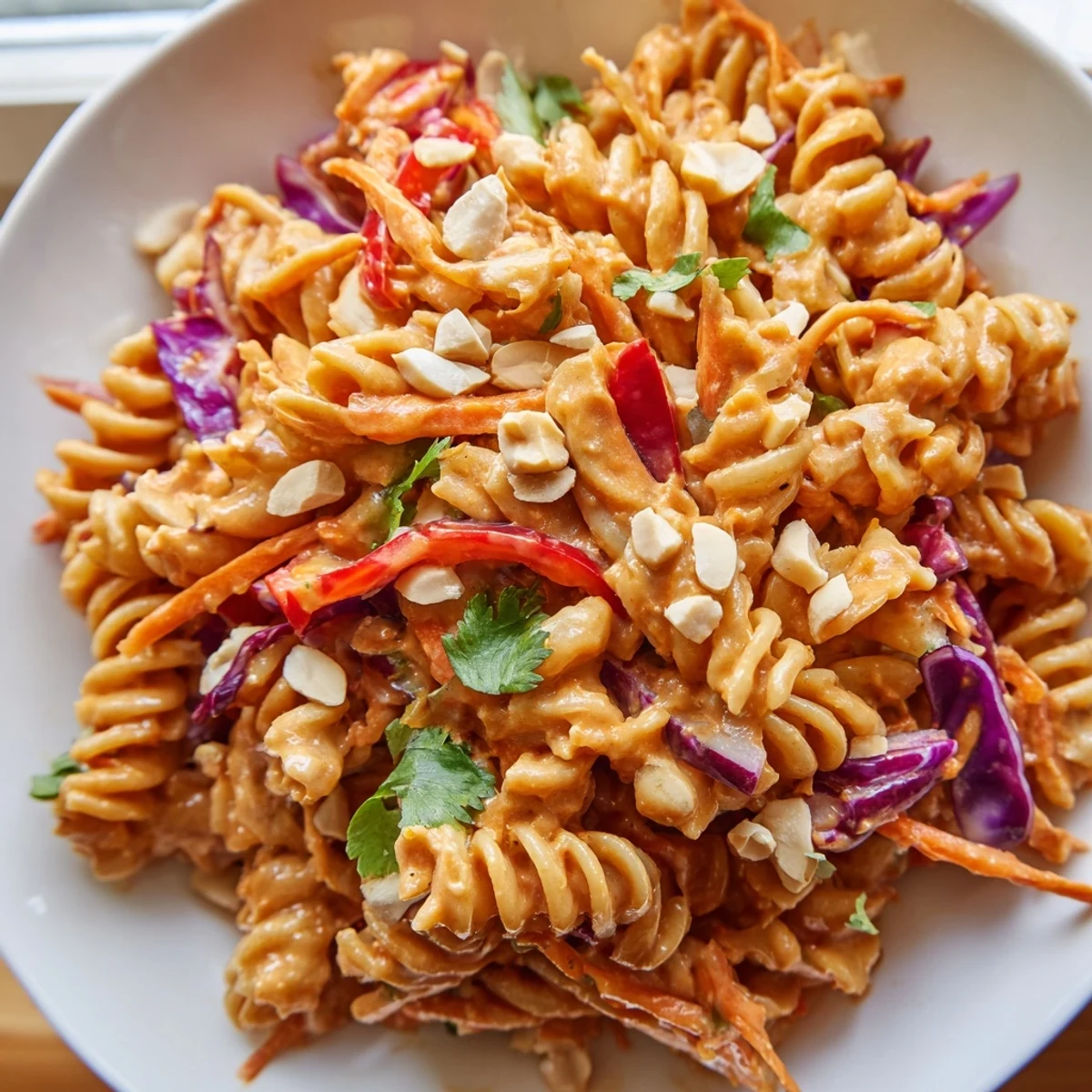 Colorful spicy Thai pasta salad tossed with crisp vegetables and zesty peanut dressing