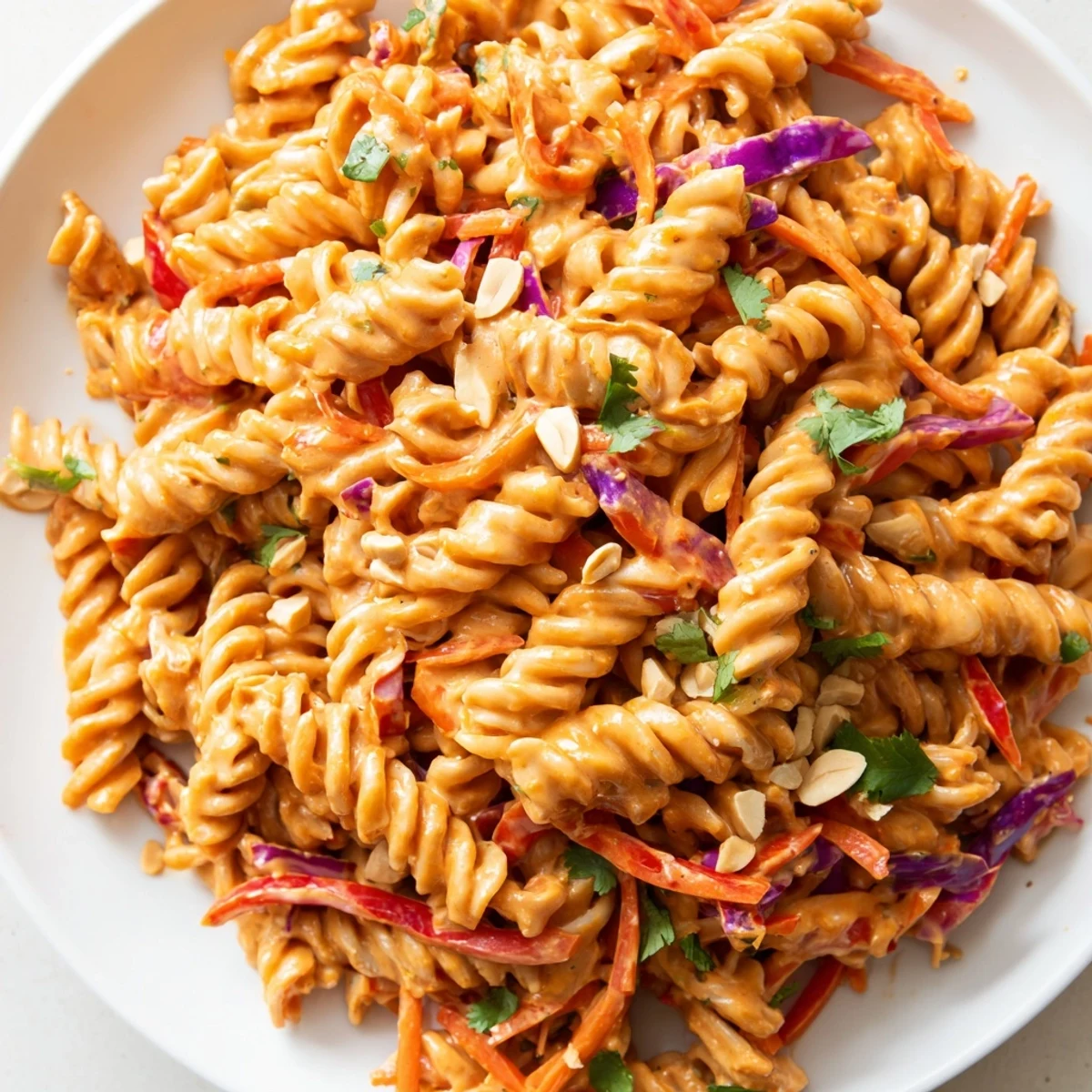 Chilled spicy Thai pasta salad served in a bowl with vibrant julienned vegetables