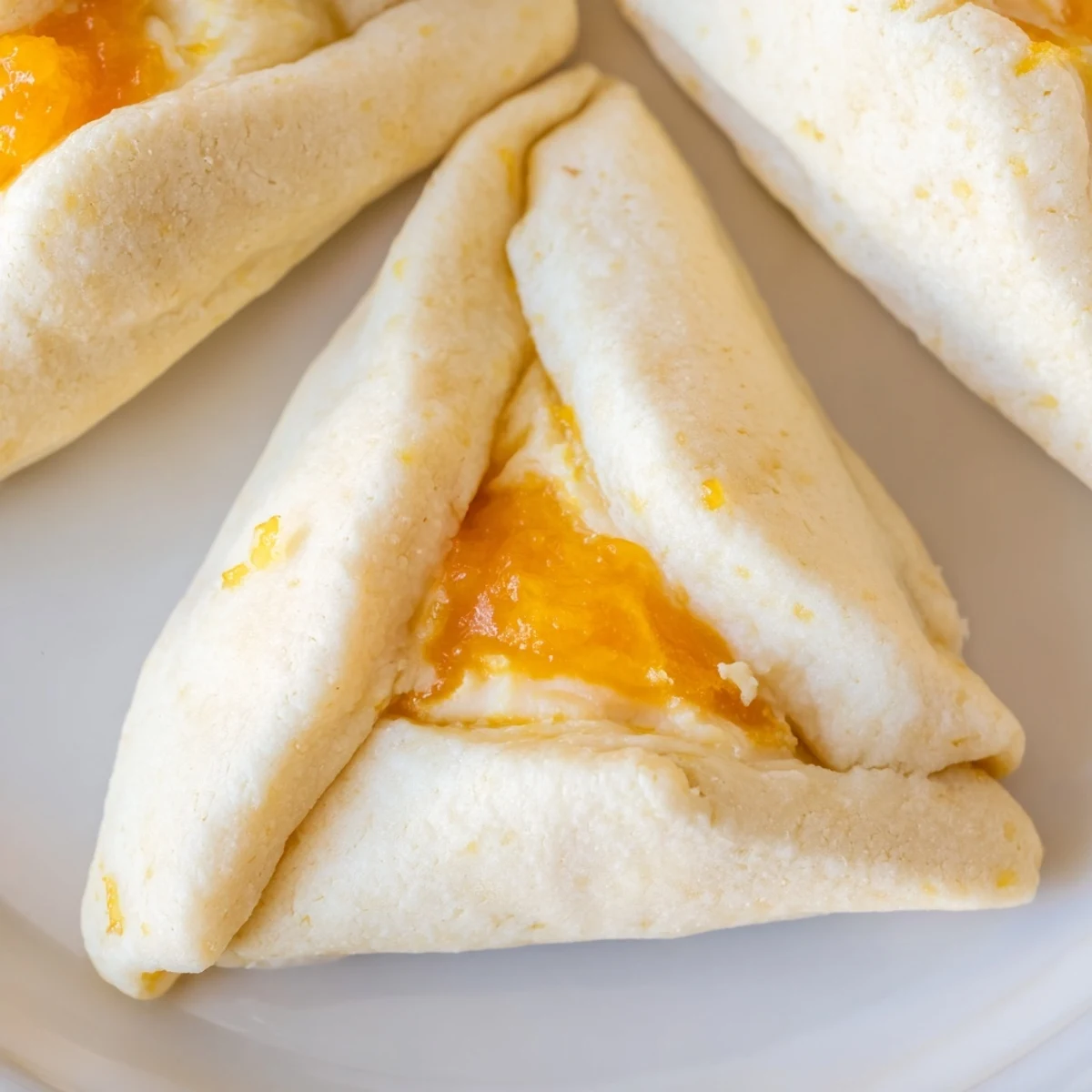 Golden creamsicle hamentaschen fresh from the oven with creamy orange filling peeking through