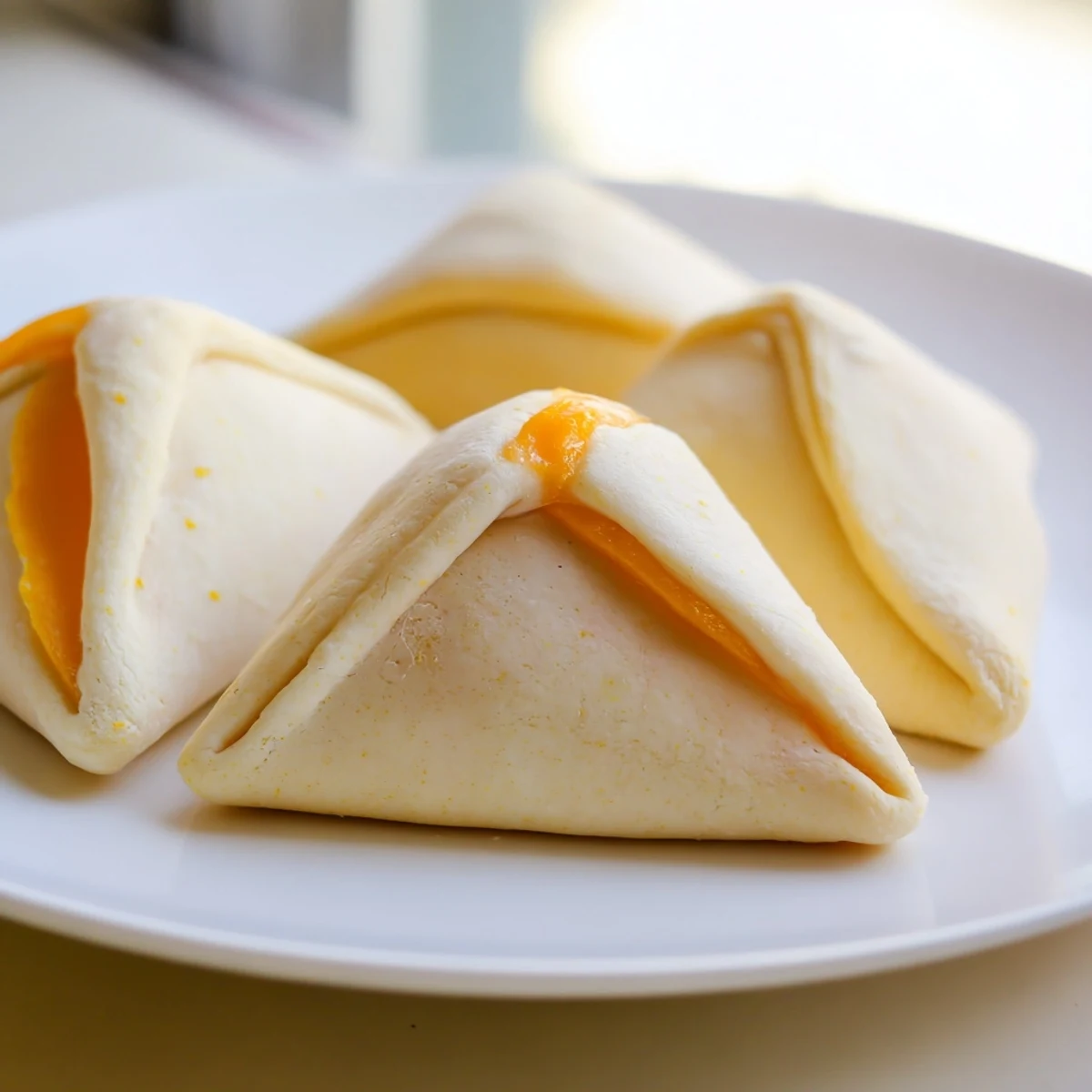 Soft vanilla-orange creamsicle hamentaschen arranged on parchment with a dusting of powdered sugar
