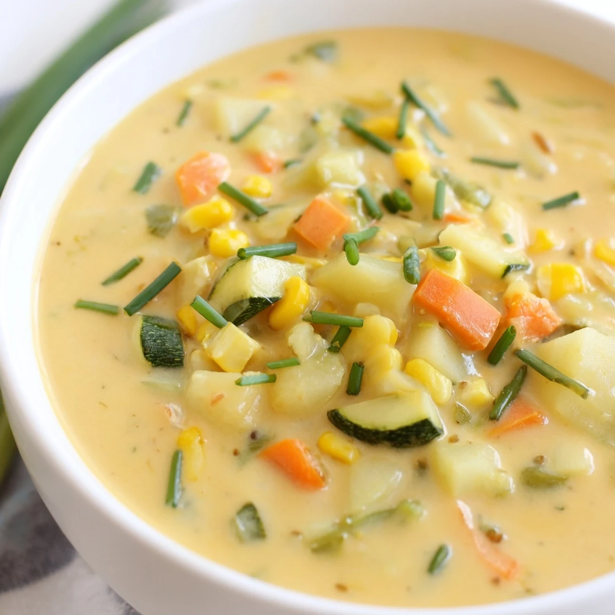 Creamy summer corn zucchini chowder served steaming in a rustic bowl with fresh chives