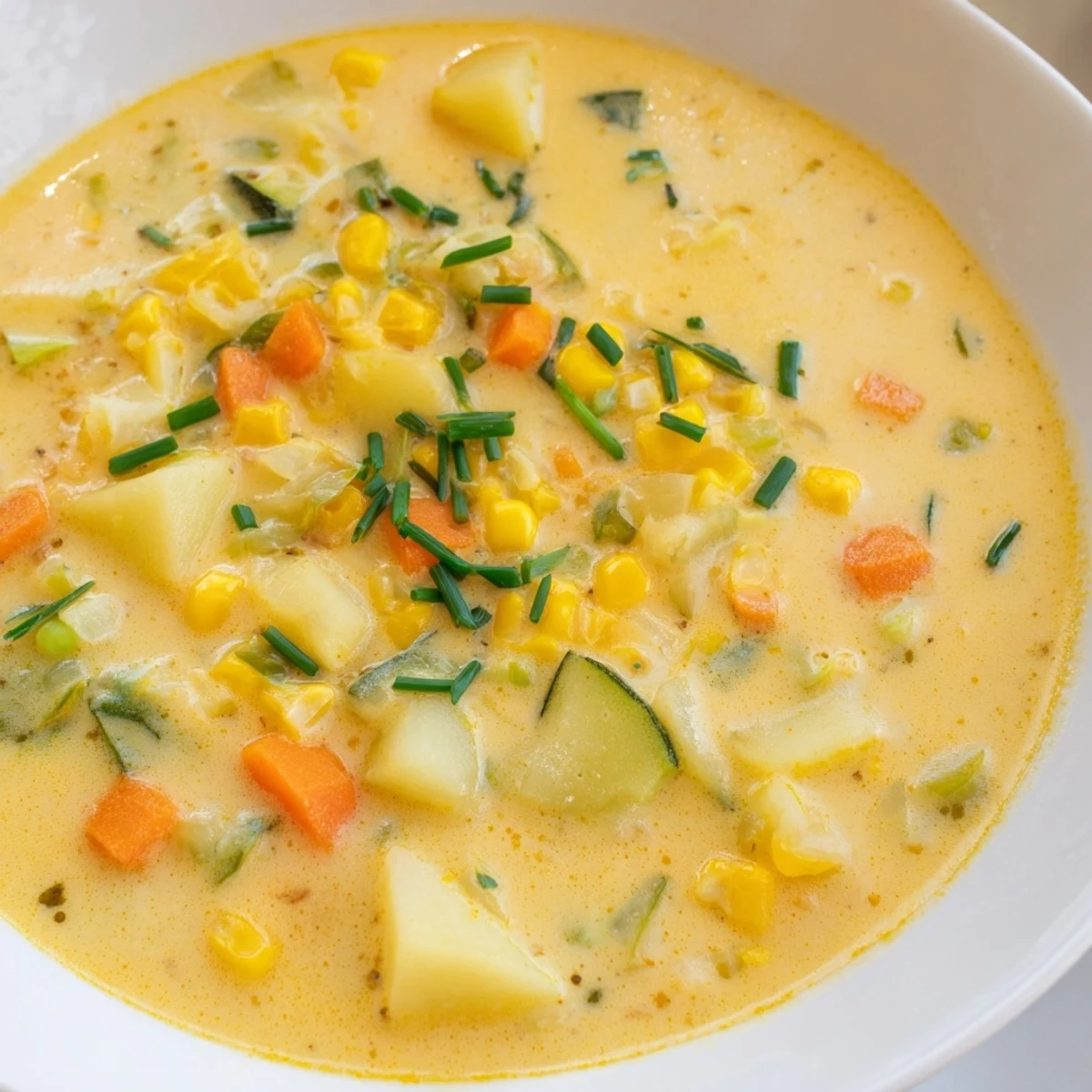 Golden spoonfuls of summer corn zucchini chowder loaded with tender potatoes and sweet kernels