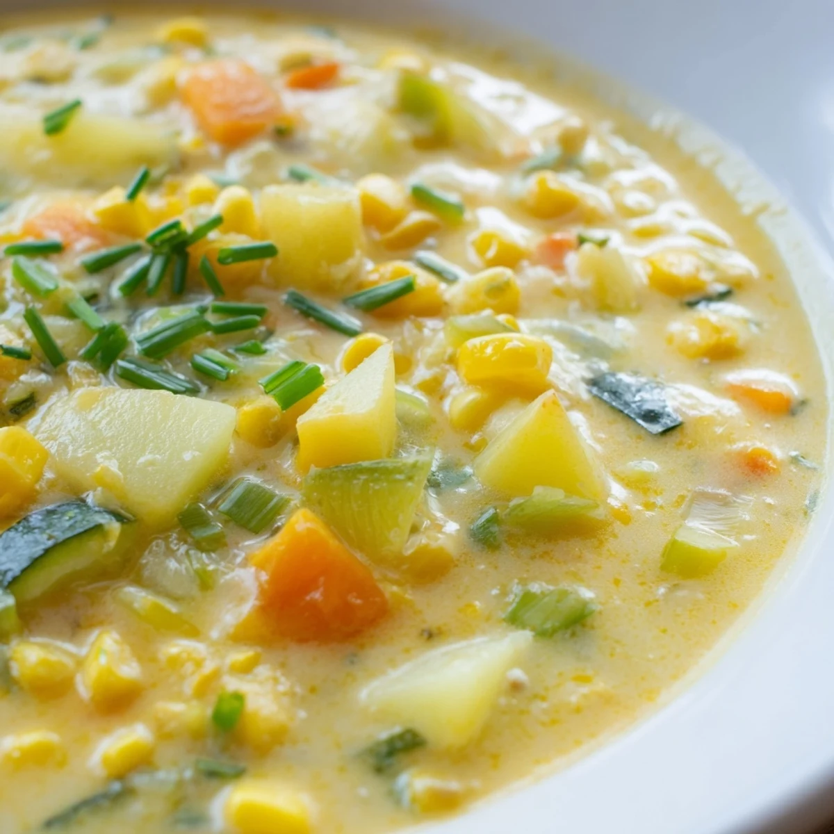 Thick and hearty summer corn zucchini chowder garnished with parsley in a cozy bread bowl