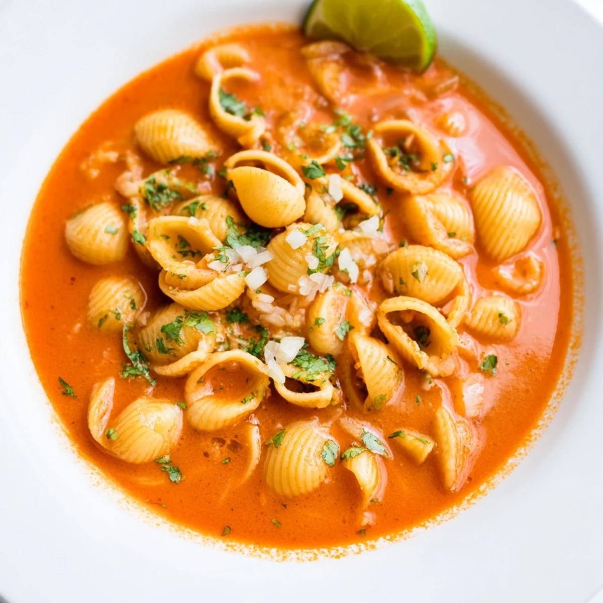 Steaming bowl of sopa de conchas with golden shell pasta in rich tomato broth topped with fresh cilantro