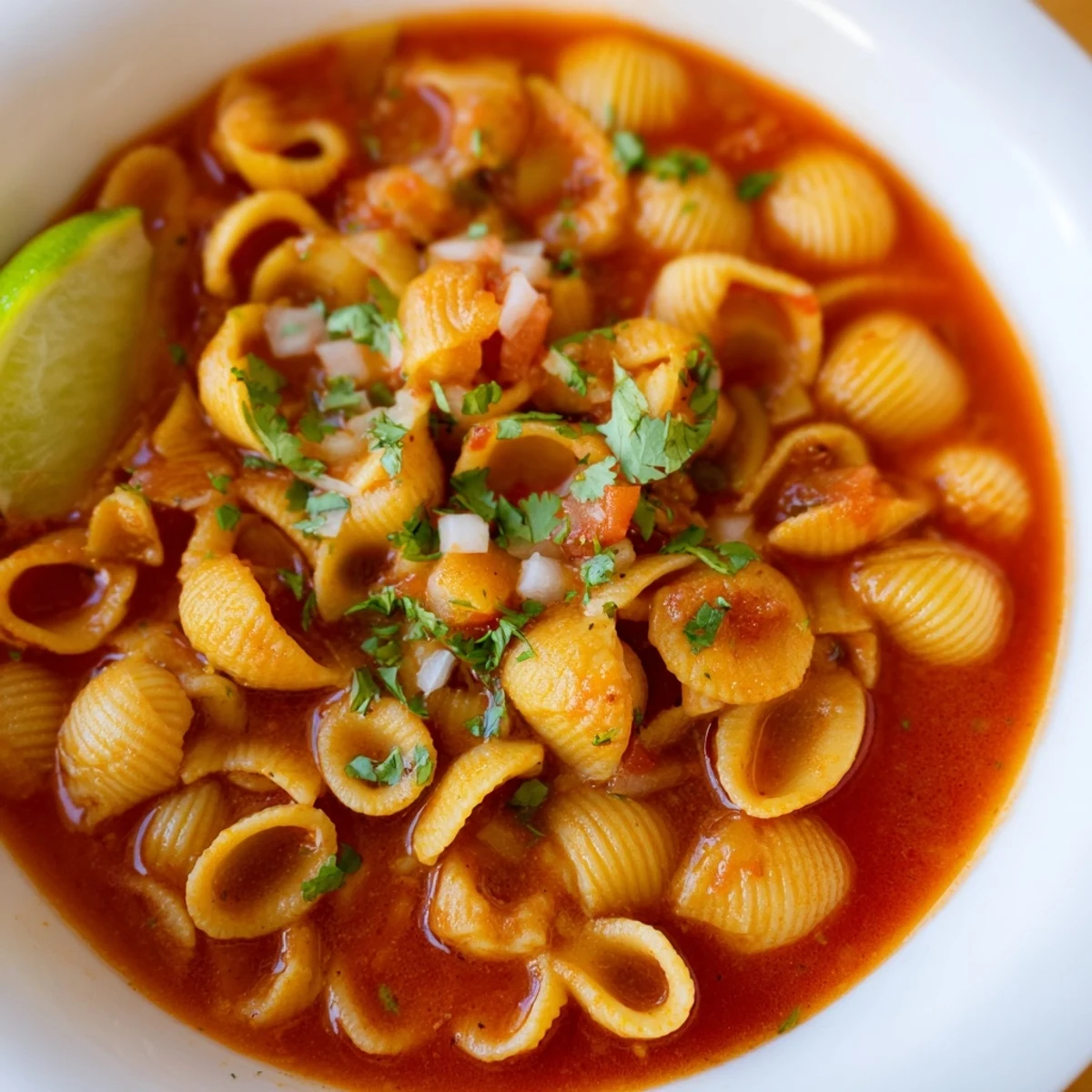 Sopa de conchas served in a rustic clay bowl with a bright lime wedge on the side