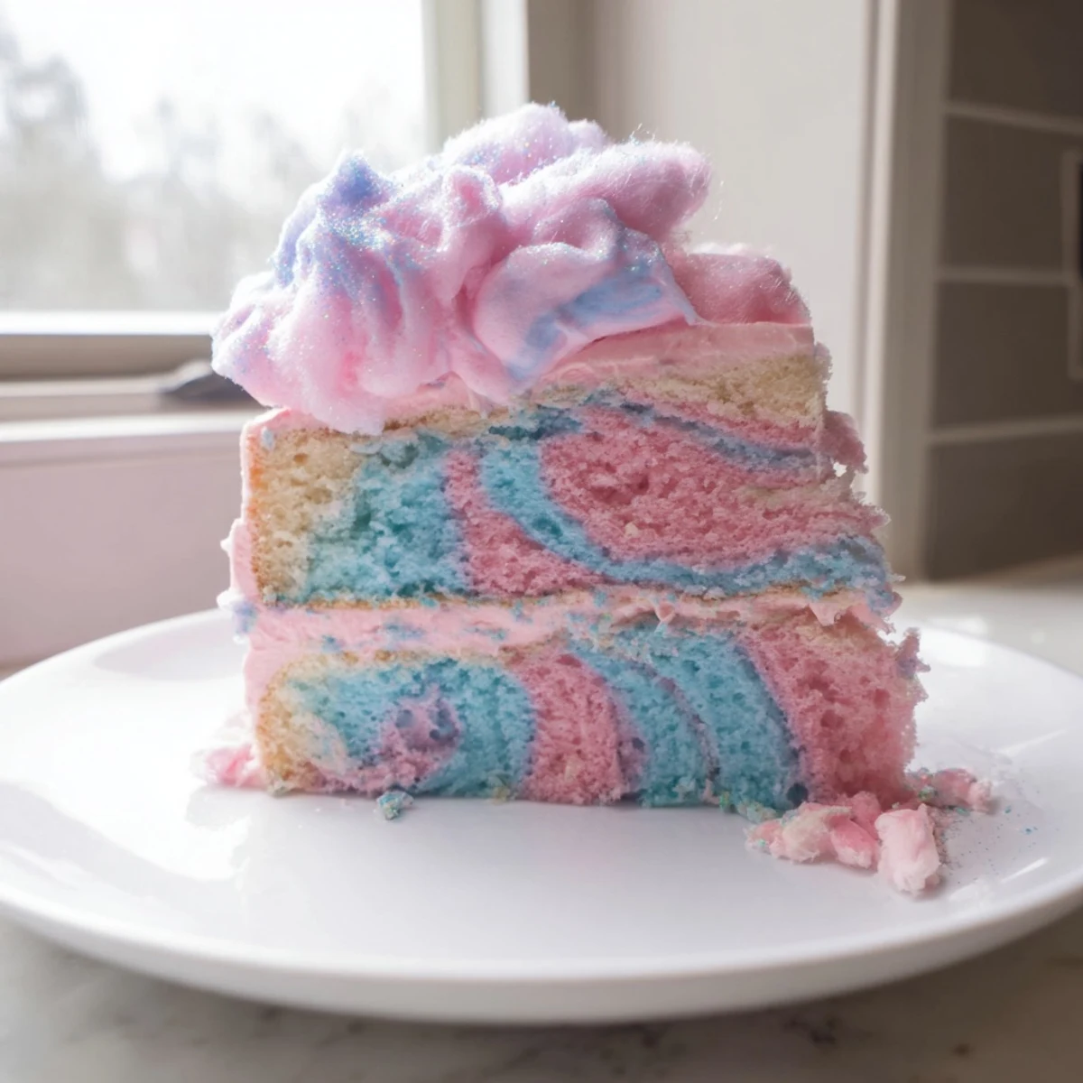 Pastel cotton candy cake with swirls of pink and blue buttercream frosting on a dessert stand