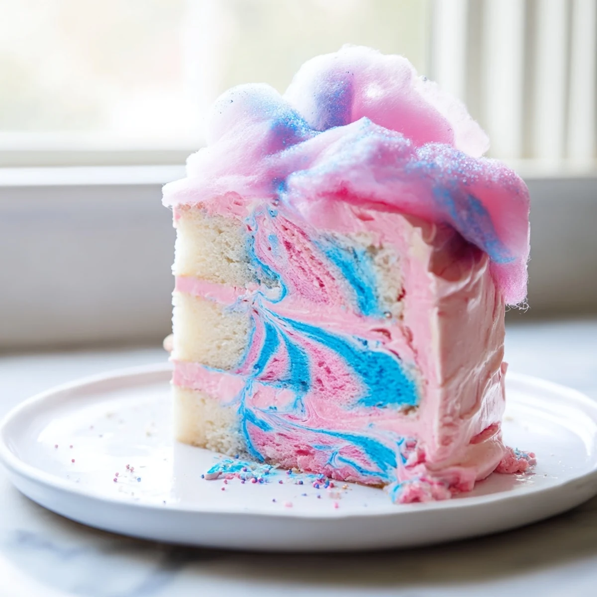 Fluffy cotton candy cake sliced to reveal marbled pink and blue layers topped with wispy candy