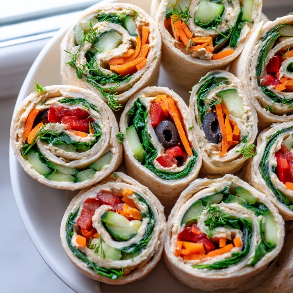 Colorful vegan picnic hummus veggie pinwheels sliced to reveal bright crisp vegetables