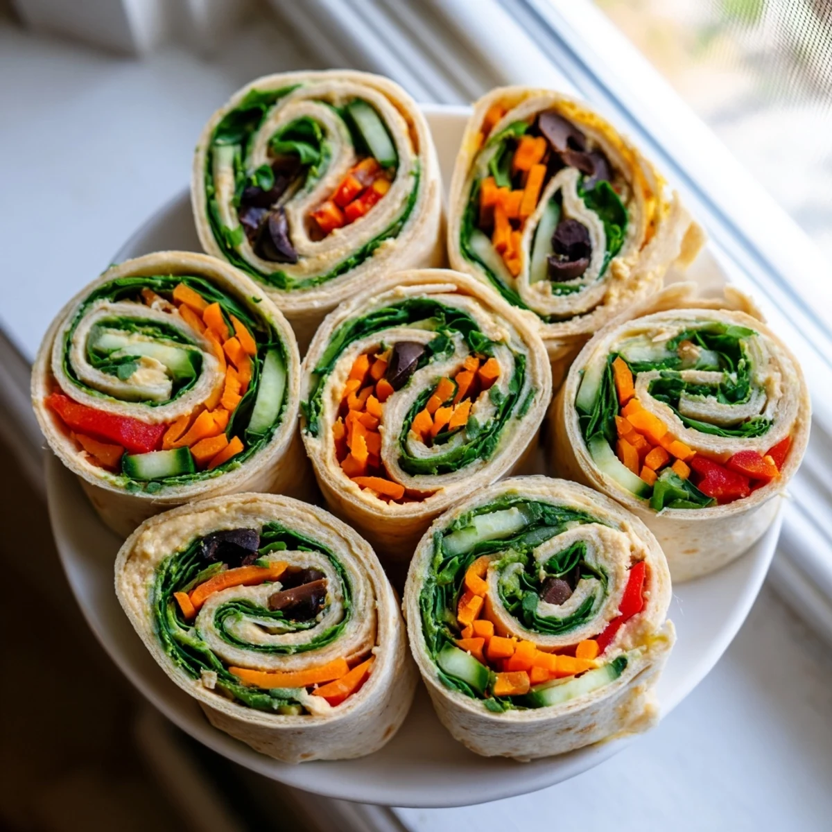 Creamy hummus veggie pinwheels wrapped in soft tortillas on a sunny platter