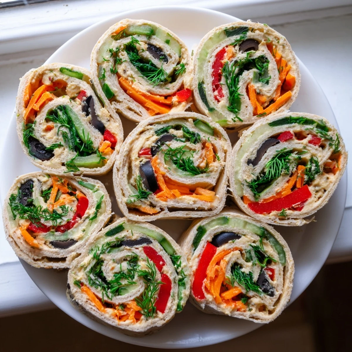 Fresh vegan picnic hummus veggie pinwheels arranged on a rustic serving board