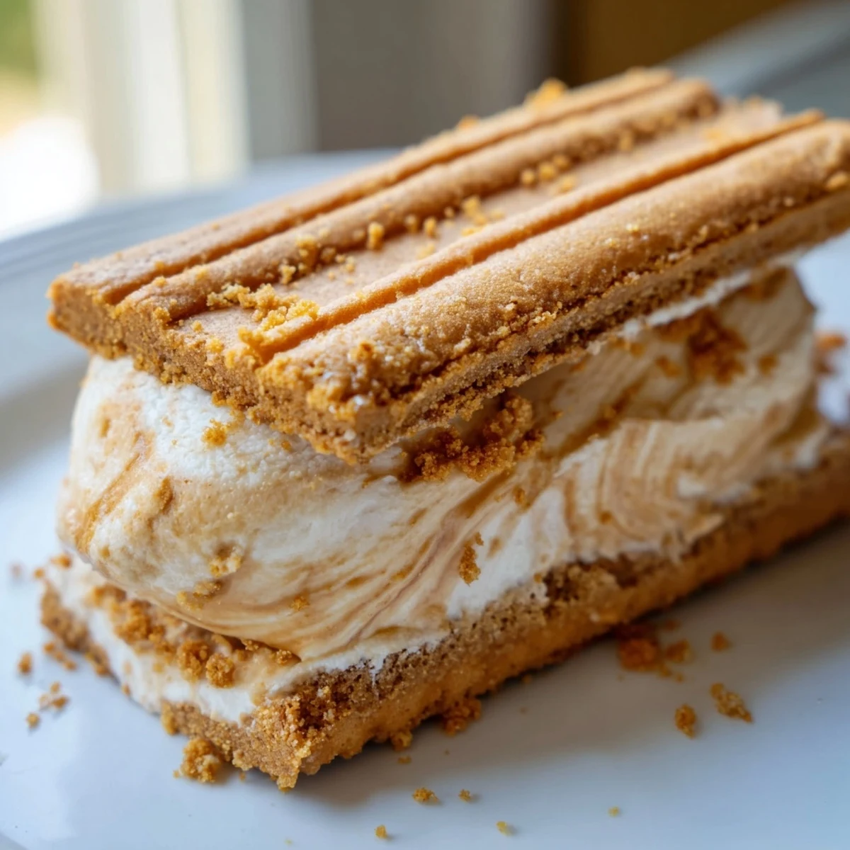 Creamy Biscoff ice cream sandwiches with spiced cookie edges and caramel swirls