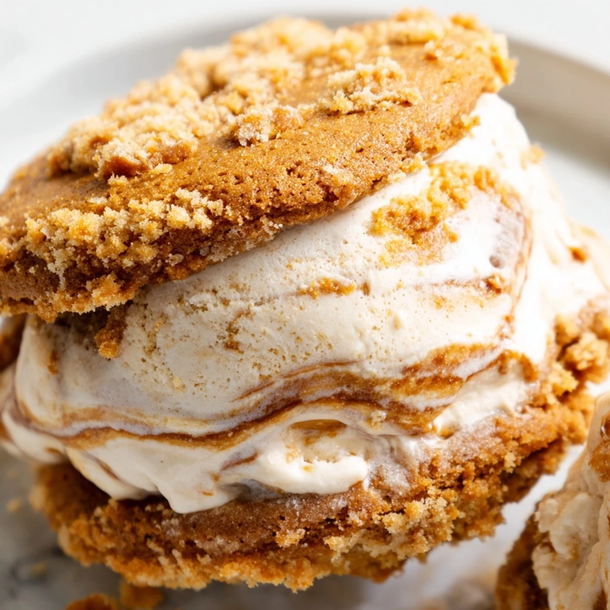 Golden Biscoff cookies hugging smooth vanilla ice cream coated in cookie crumbs