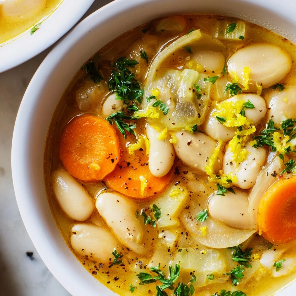 Warm bowls of brothy carrot butter bean soup garnished with fresh parsley and lemon zest