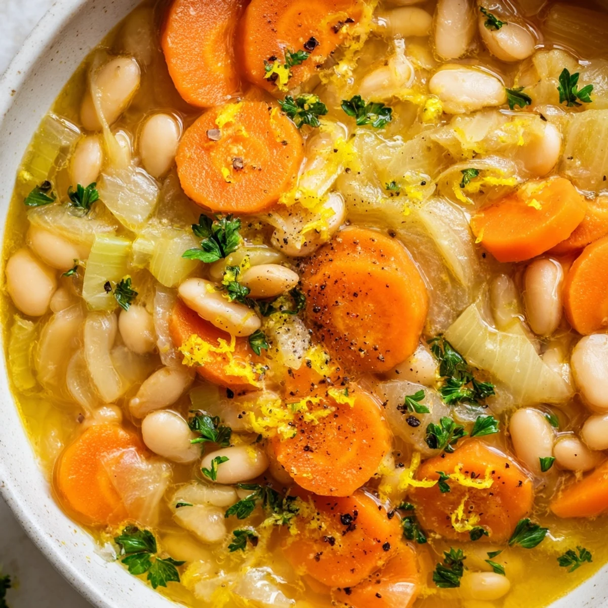 Golden carrot slices and creamy butter beans swimming in a steaming, savory vegetable broth